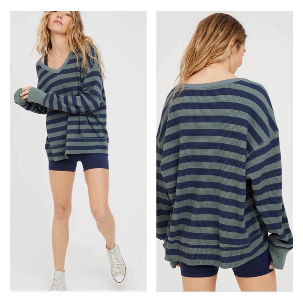 OFFLINE By Aerie Oversized Shirt Women's Medium Long Sleeve Striped Waffle Navy